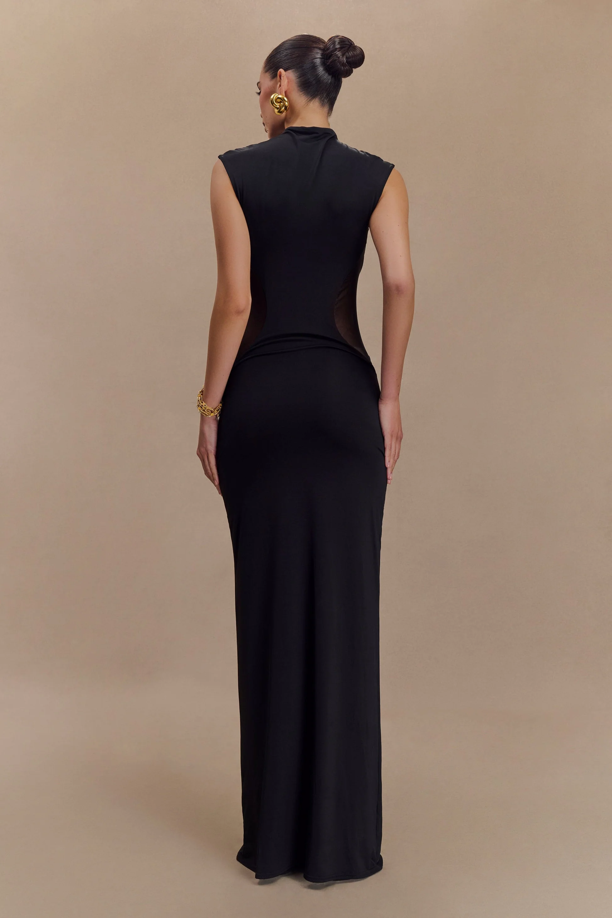 Taisia Slinky And Mesh Maxi Dress in Black - Image 4