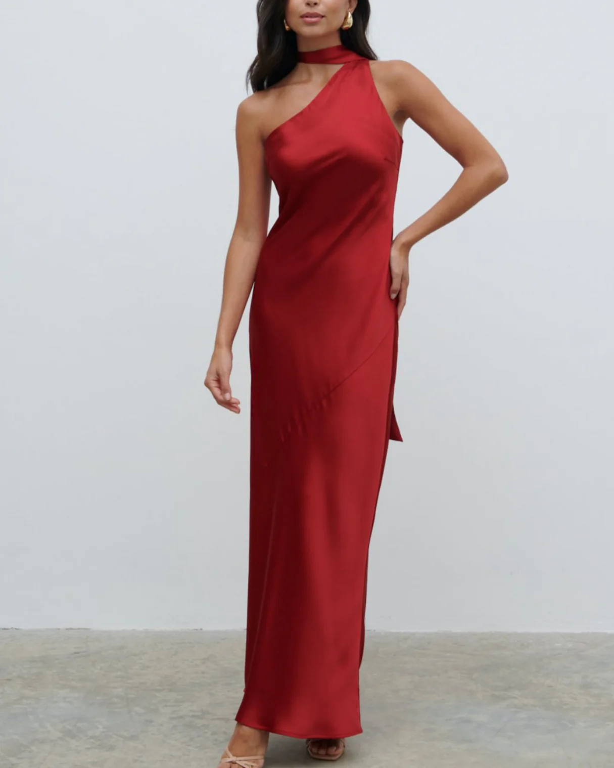 Teresa One Shoulder Satin Maxi Dress in Red - Image 3