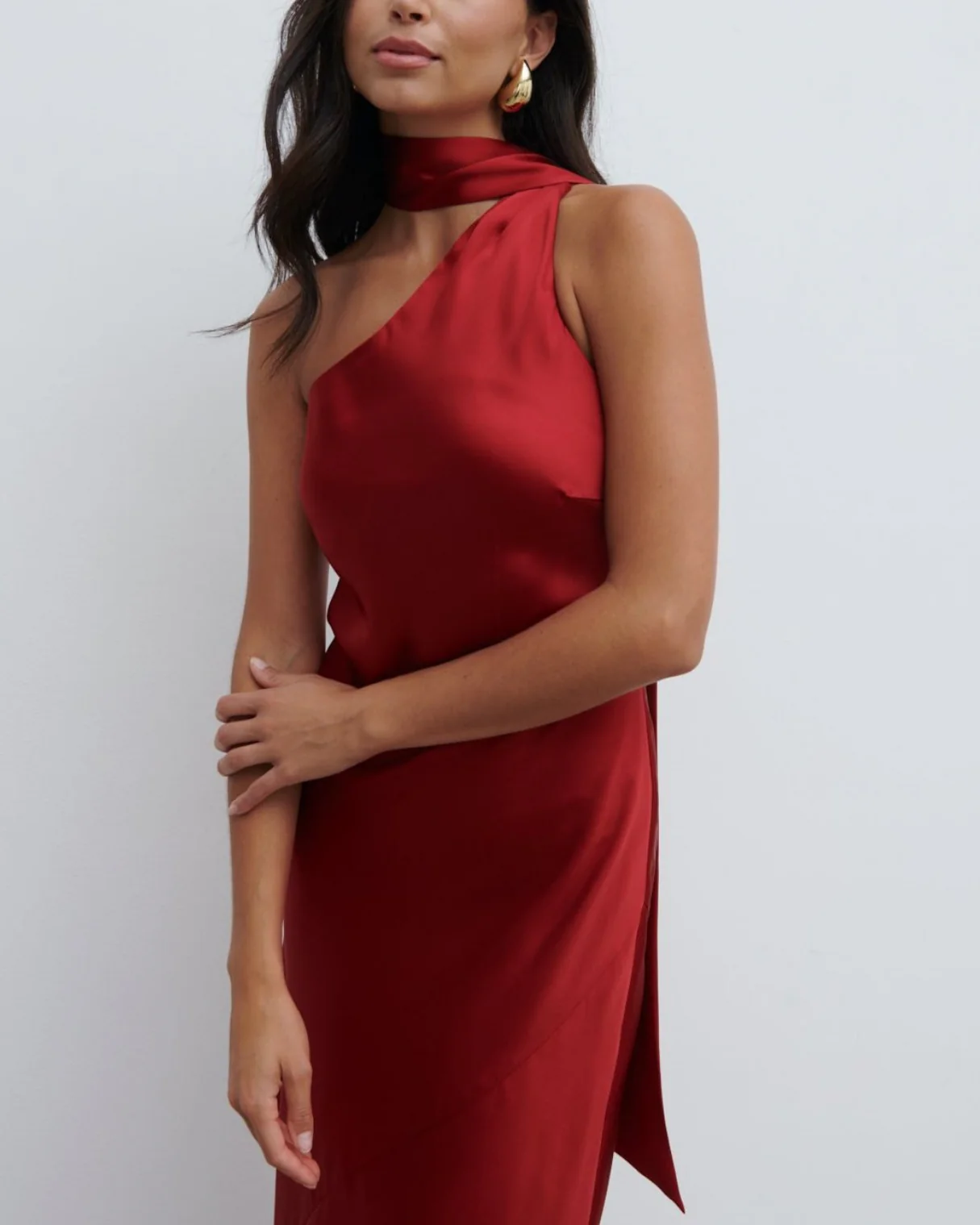 Teresa One Shoulder Satin Maxi Dress in Red - Image 5