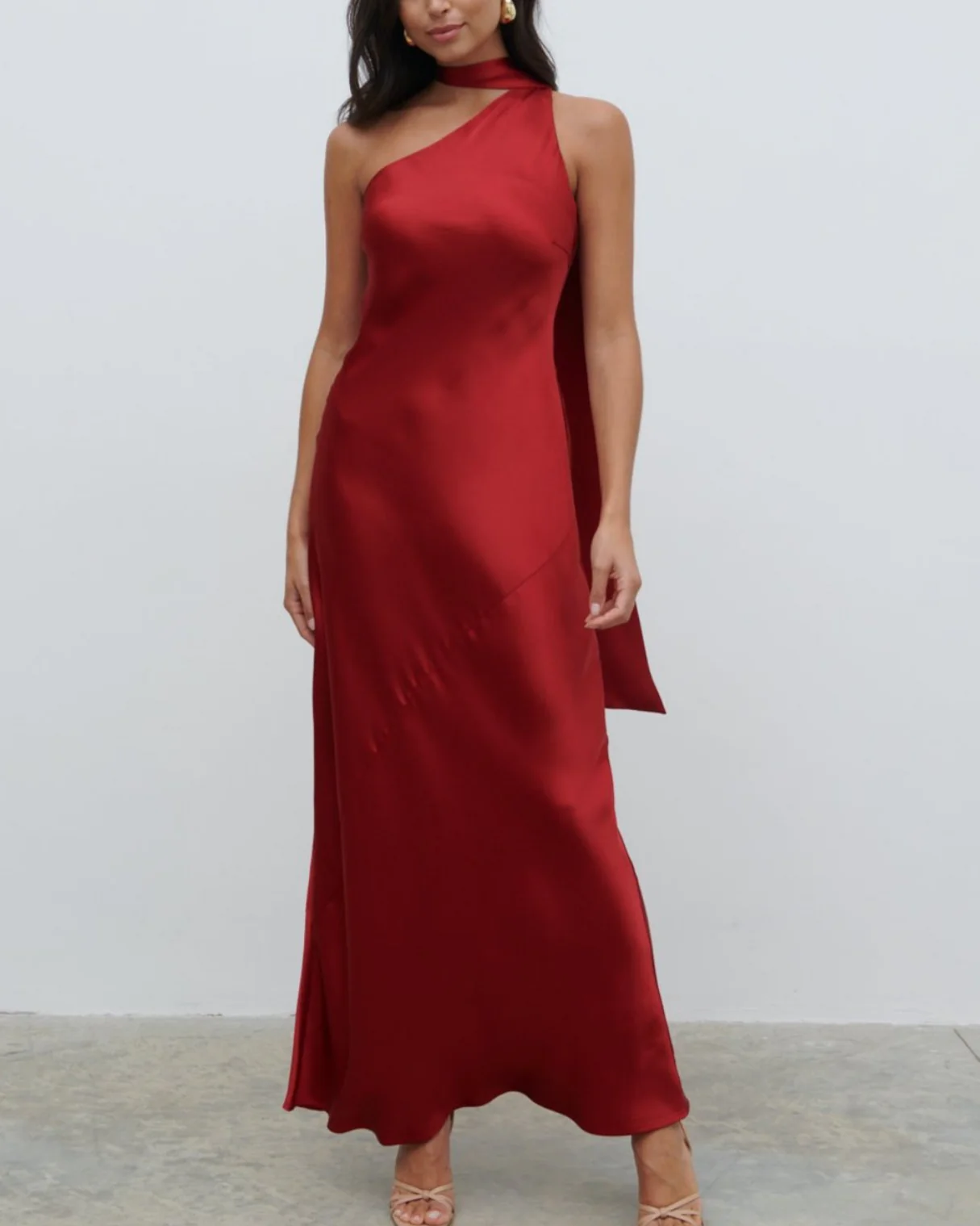 Teresa One Shoulder Satin Maxi Dress in Red - Image 6