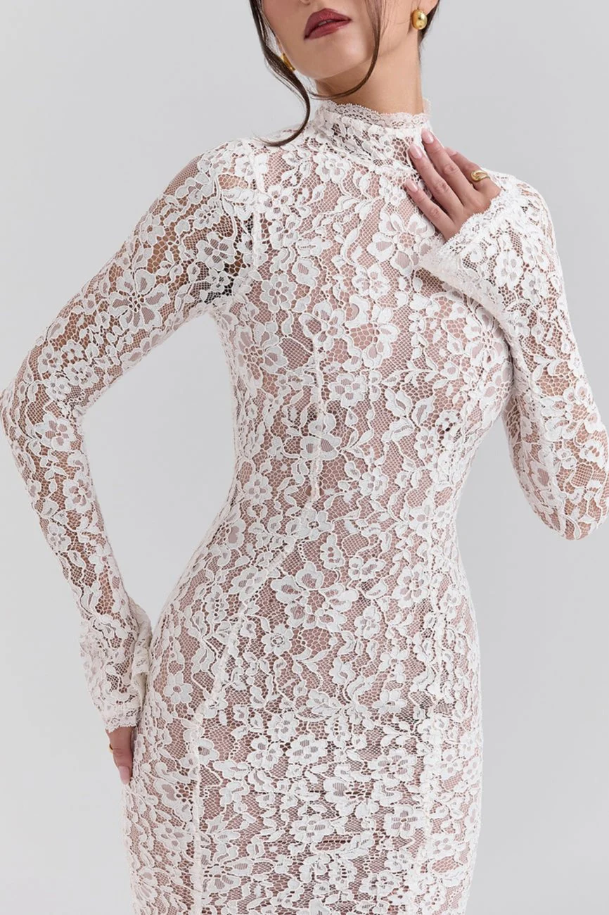 Vera Vintage Ivory Lace Fitted Midi Dress in Ivory - Image 4