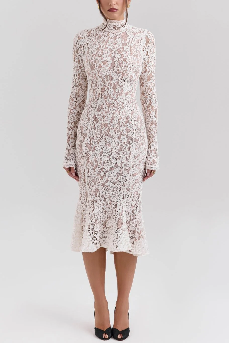 Vera Vintage Ivory Lace Fitted Midi Dress in Ivory - Image 6
