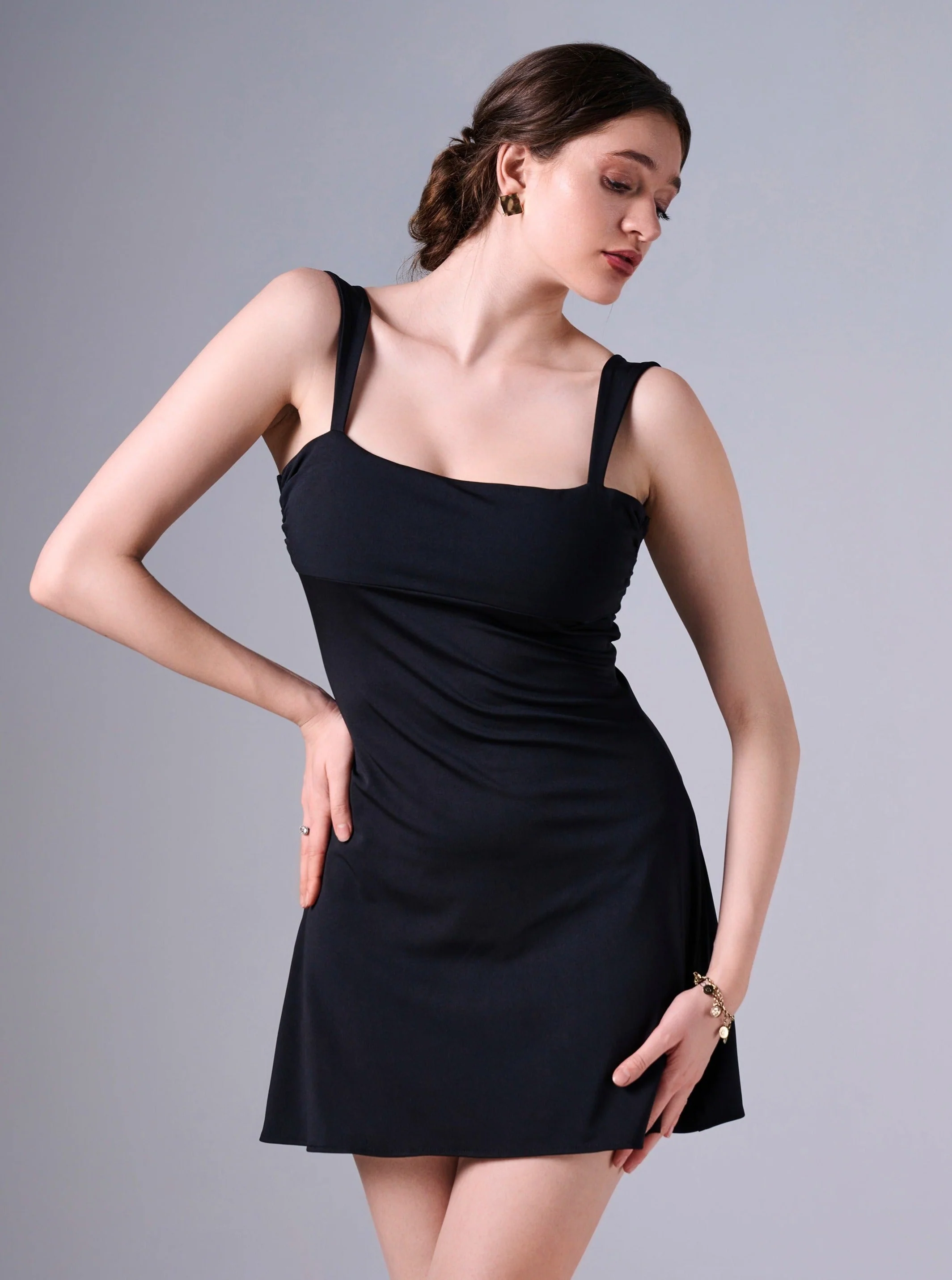 VIENNA Tie Up corset Back Mini Dress in Black - Image 4