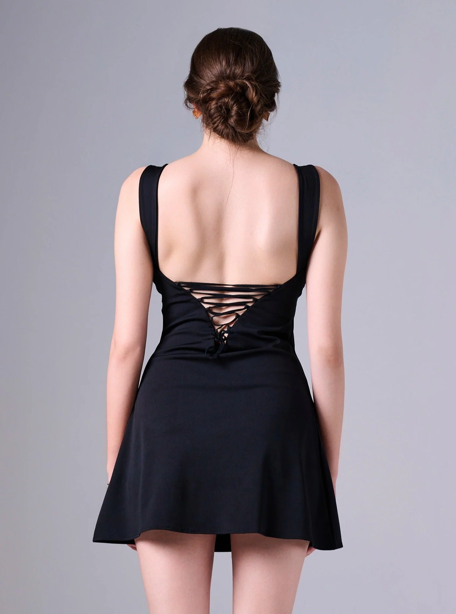 VIENNA Tie Up corset Back Mini Dress in Black - Image 5