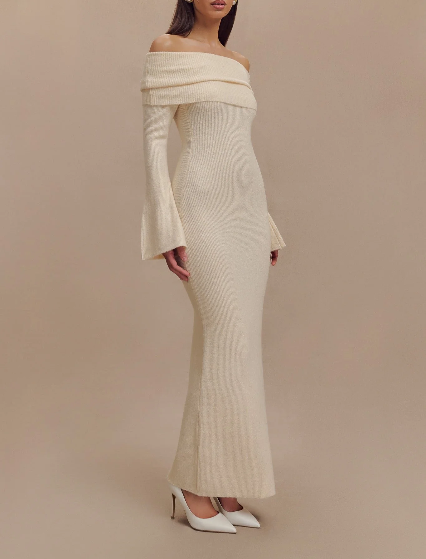 Yana Off Shoulder Knit Maxi Dress in Ivory - Image 3