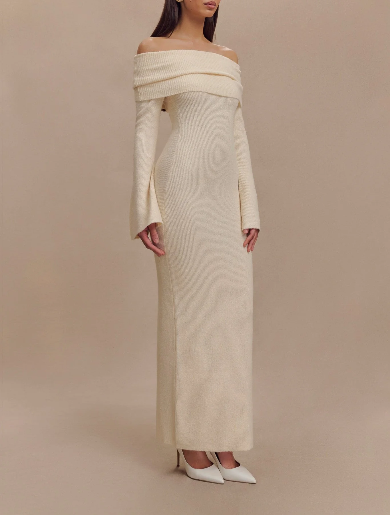 Yana Off Shoulder Knit Maxi Dress in Ivory - Image 5