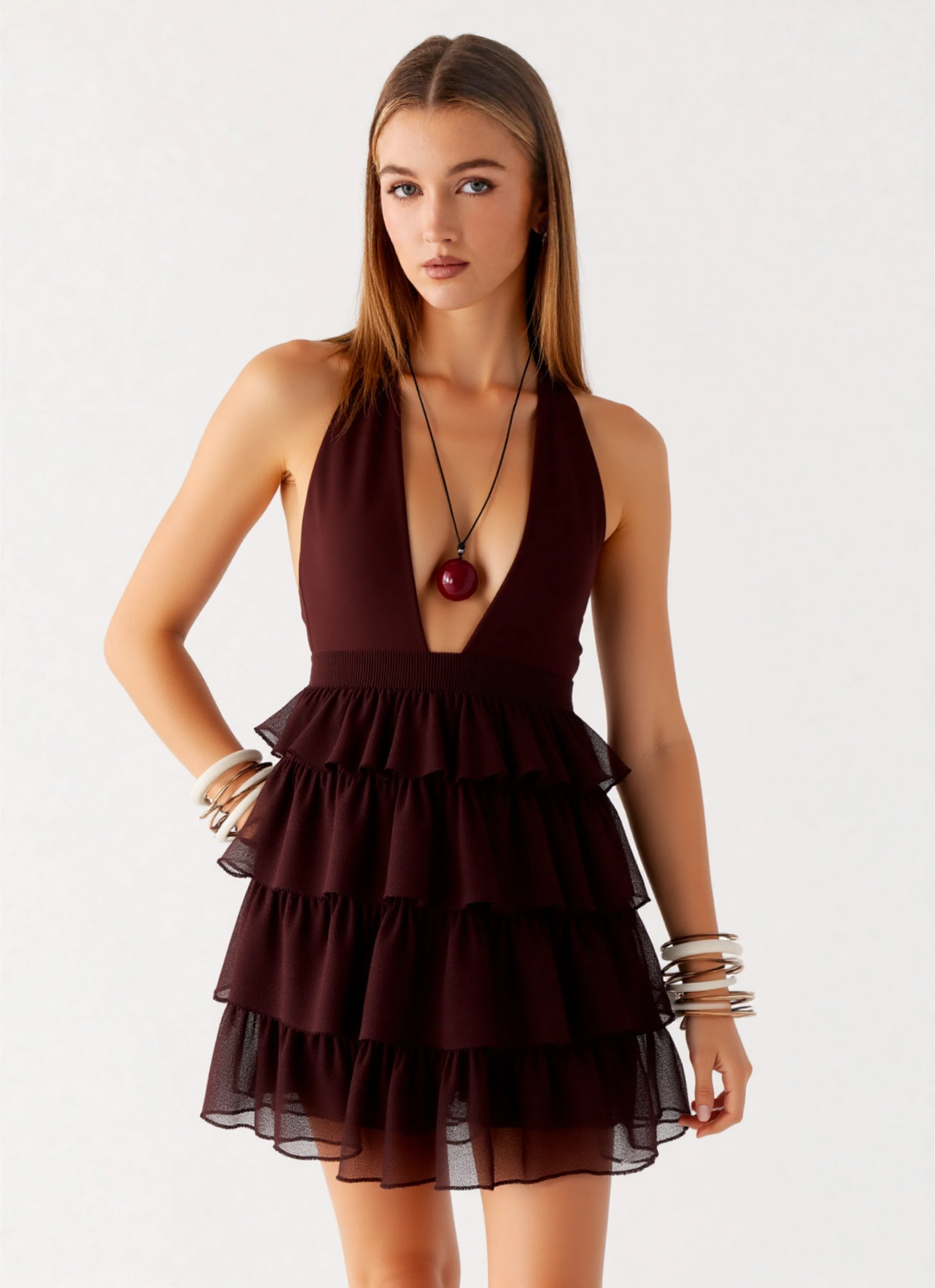 Zafira Ruffled mini Dress in Dark brown - Image 4
