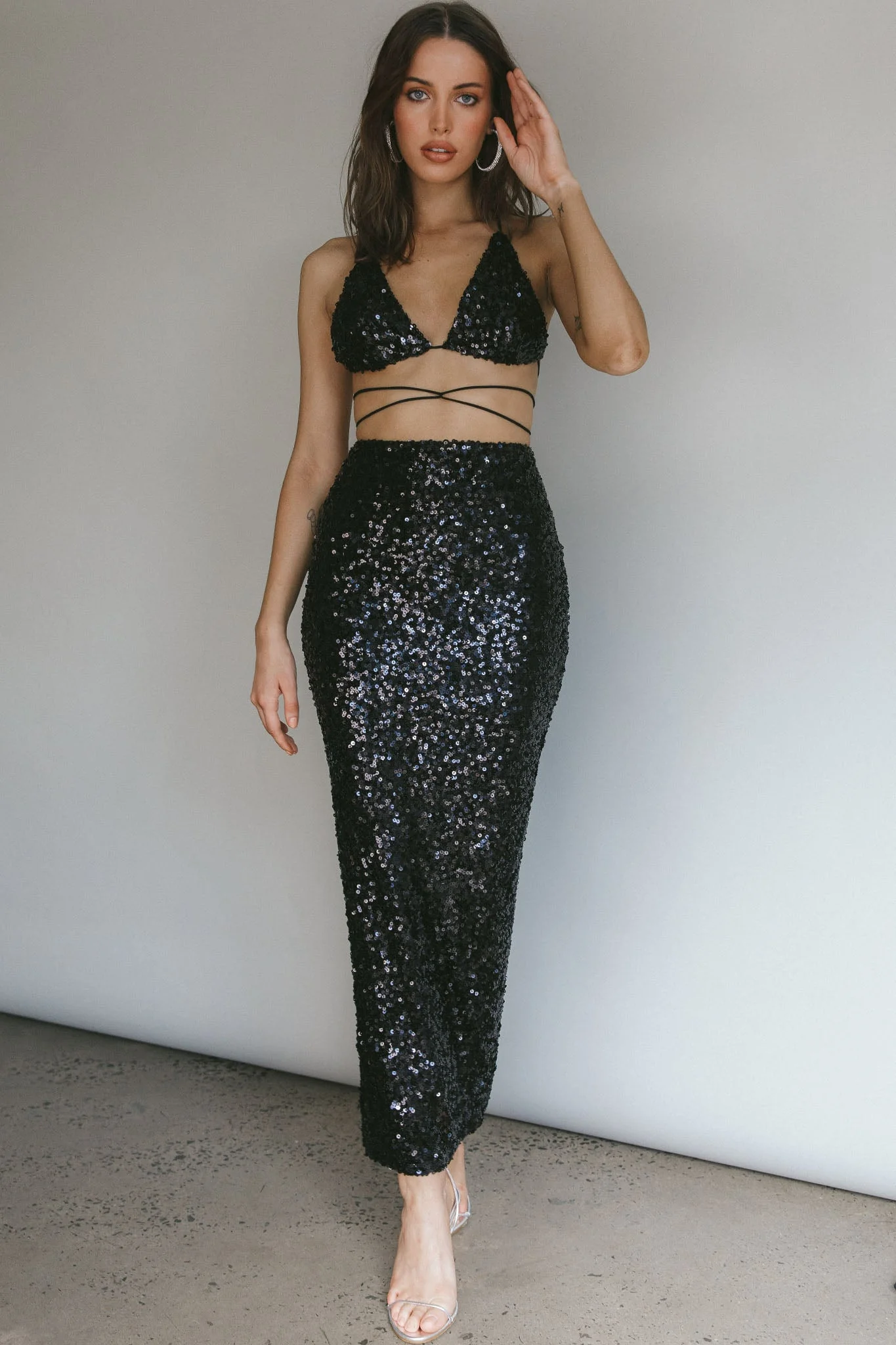 Donna Black Sequin Maxi Co-ord Set Black - Image 3