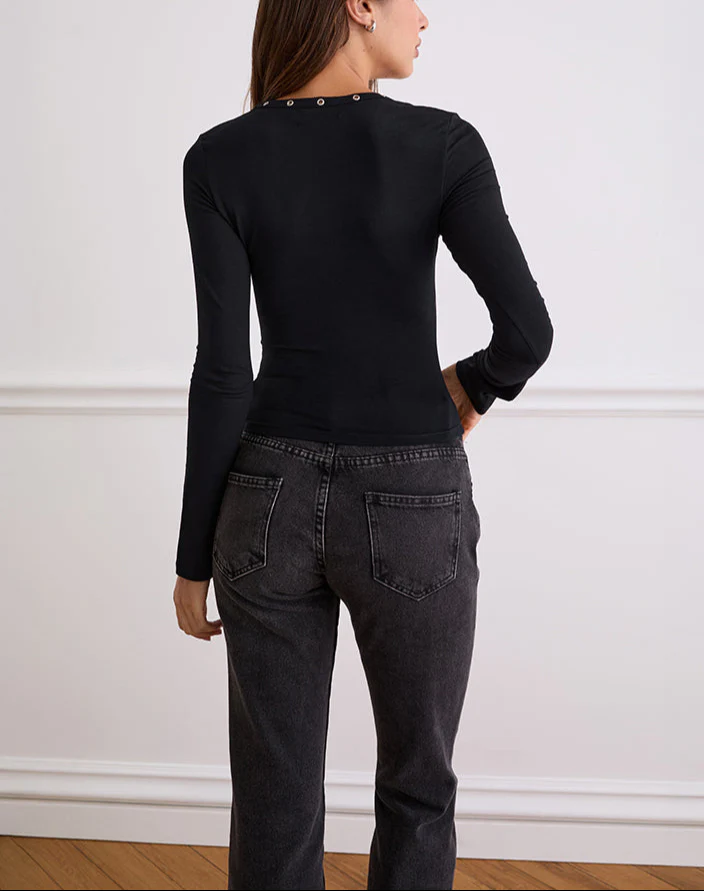 Lira Studded Scoop Long Sleeve Top in Black - Image 3