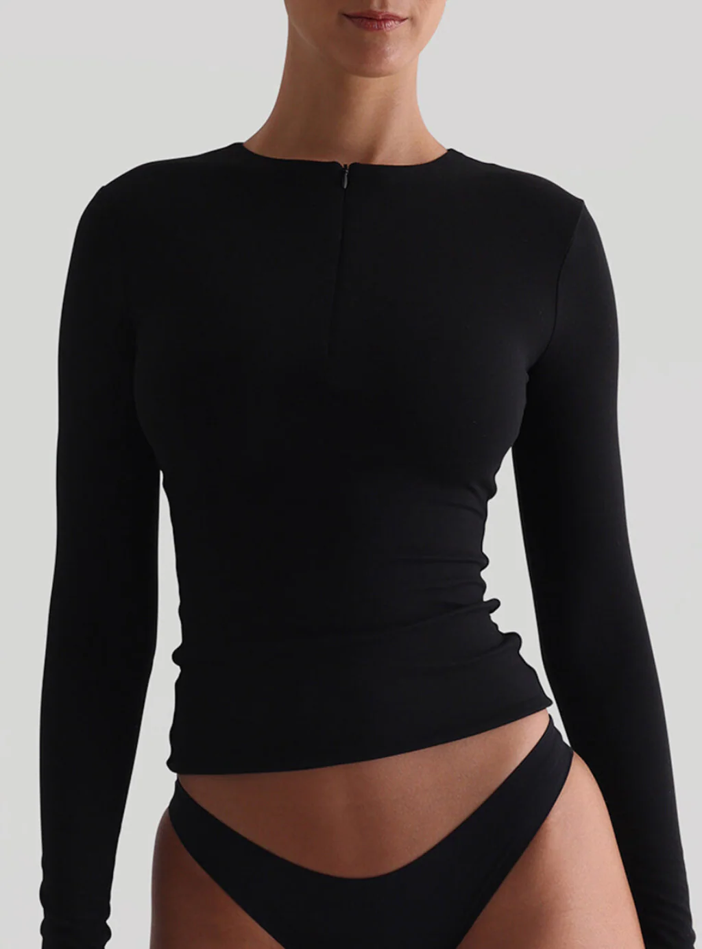 Aveline Zip-Up Long Sleeve T-Shirt - Black - Image 3